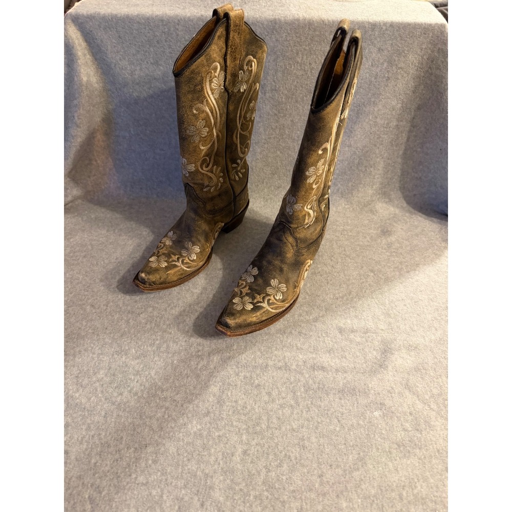 Corral Womens Cowboy Boots 7.5 M Distressed Brown Leather Floral Snip Toe L5175